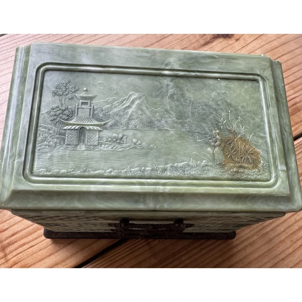 Vintage Faux Jade Chinoiserie Jewelry Box | 3-Drawer‎ Dragon Pulls | Mid Century